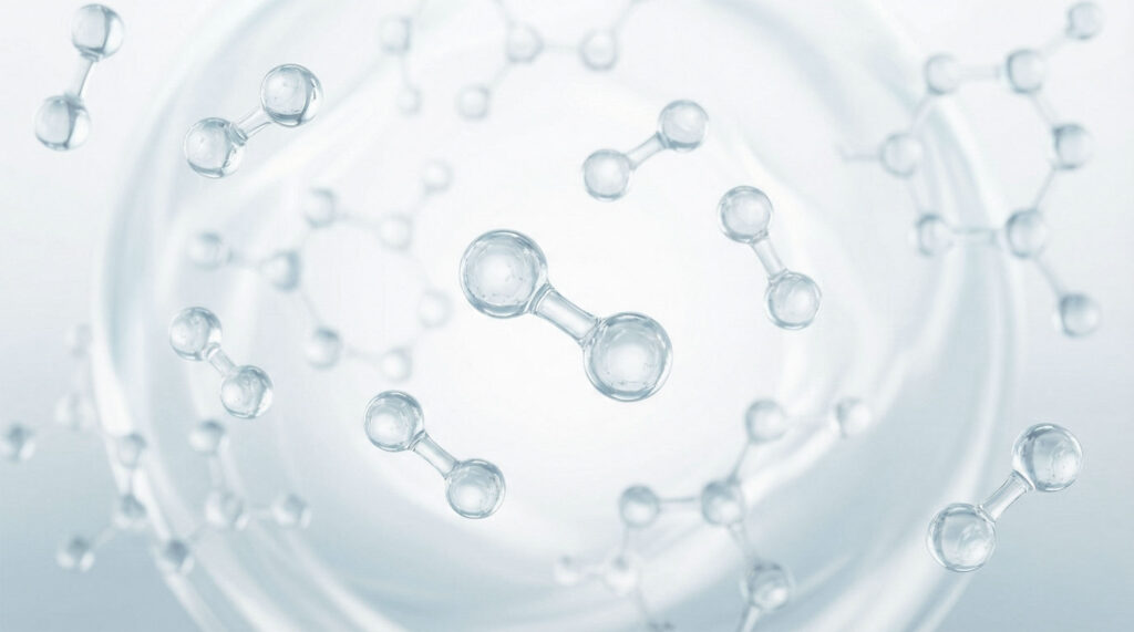 3D illustration of transparent hydrogen and water molecules on a light blue background