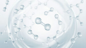 3D illustration of transparent hydrogen and water molecules on a light blue background