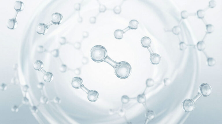 3D illustration of transparent hydrogen and water molecules on a light blue background