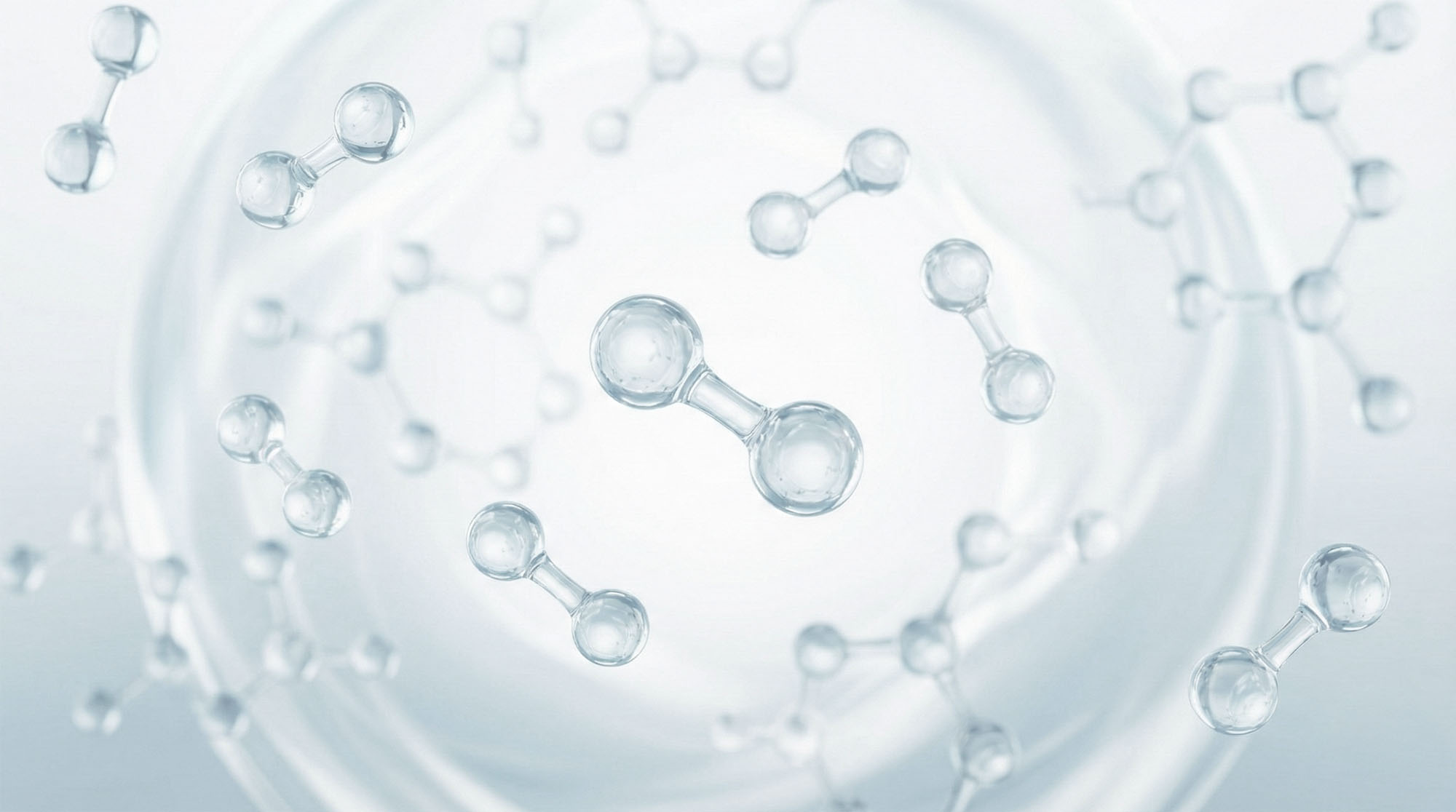 3D illustration of transparent hydrogen and water molecules on a light blue background